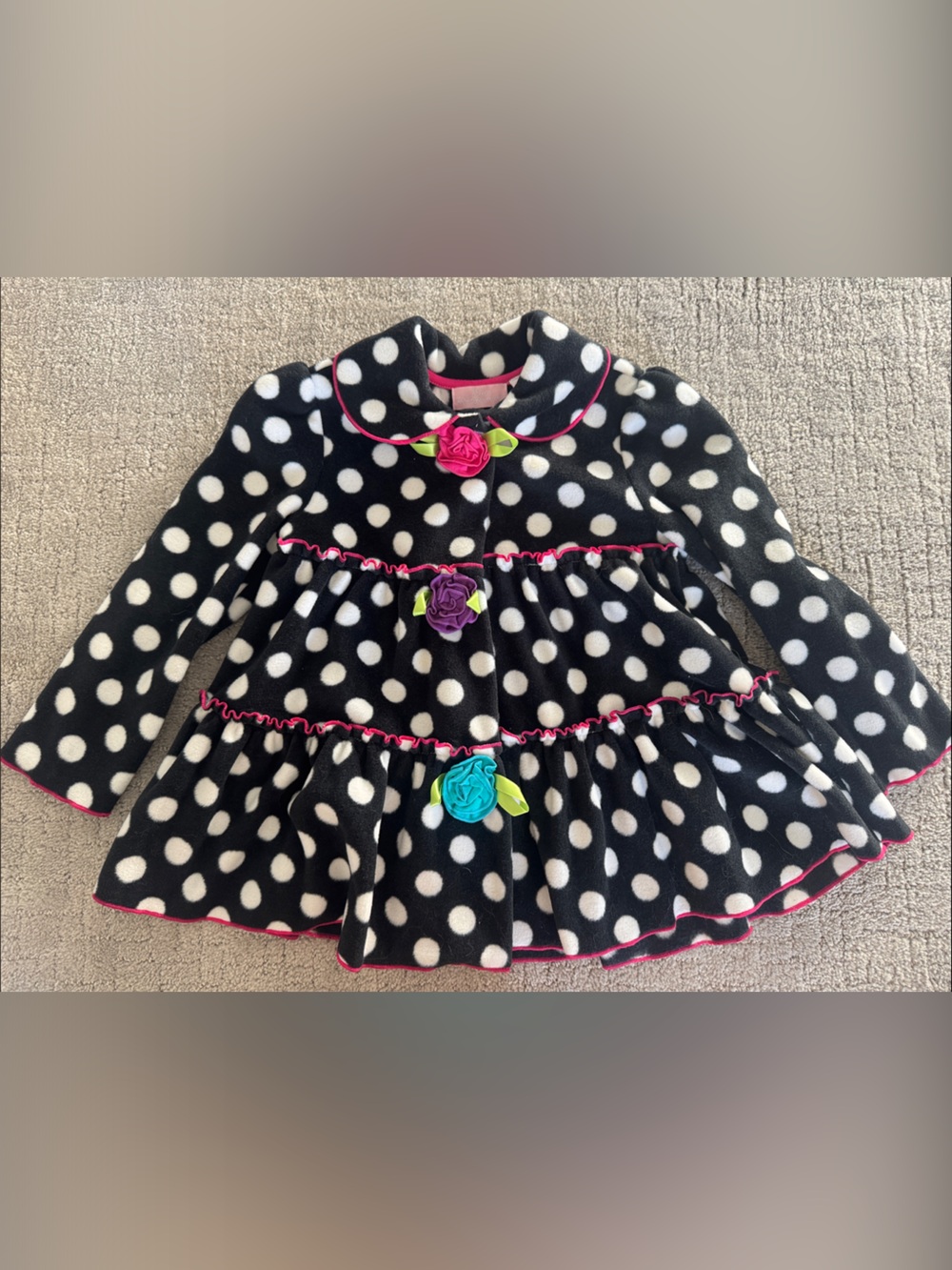Black Polka Dot Toddler Coat with Pink Trim and Floral Appliques